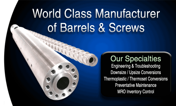 Barrels, Screws, Screw Tips, Nozzles, Nozzle Tips, Custom Design Barrels, End Caps, Quills, Tie Bars, Upsize Downsize Conversions, Custom Design Screws, Thermoset Thermoplastic Conversions, Troubleshooting, Barrel Measuring Bore Gauges, Screw Measuring Micrometers